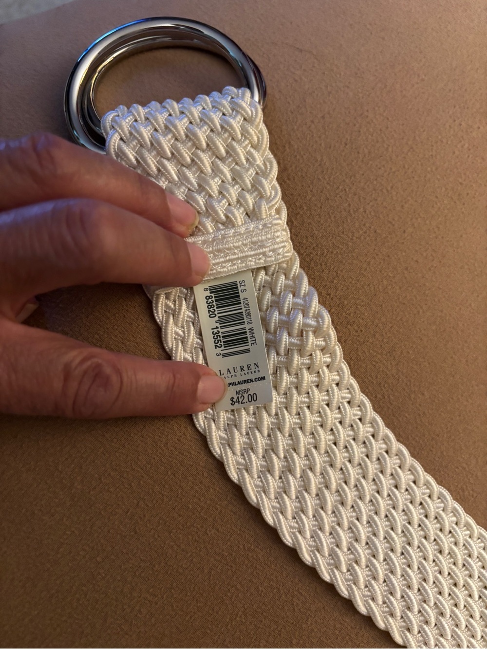 Lauren Ralph Lauren Cream Woven Belt with Double Ring Buckle - Picture 2 of 5